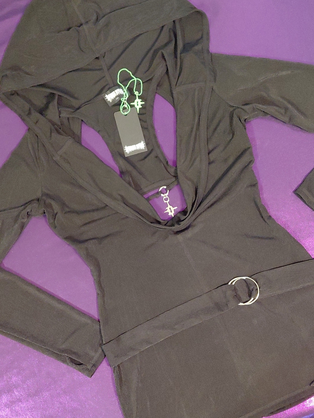 DOLLSKILL DARKER WAVS XXL Black Hooded Long Sleeve with THUMBHOLES Belt